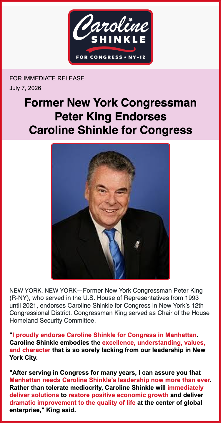 Former Congressman Peter King is backing Caroline Shinkle… — Will on YESODI