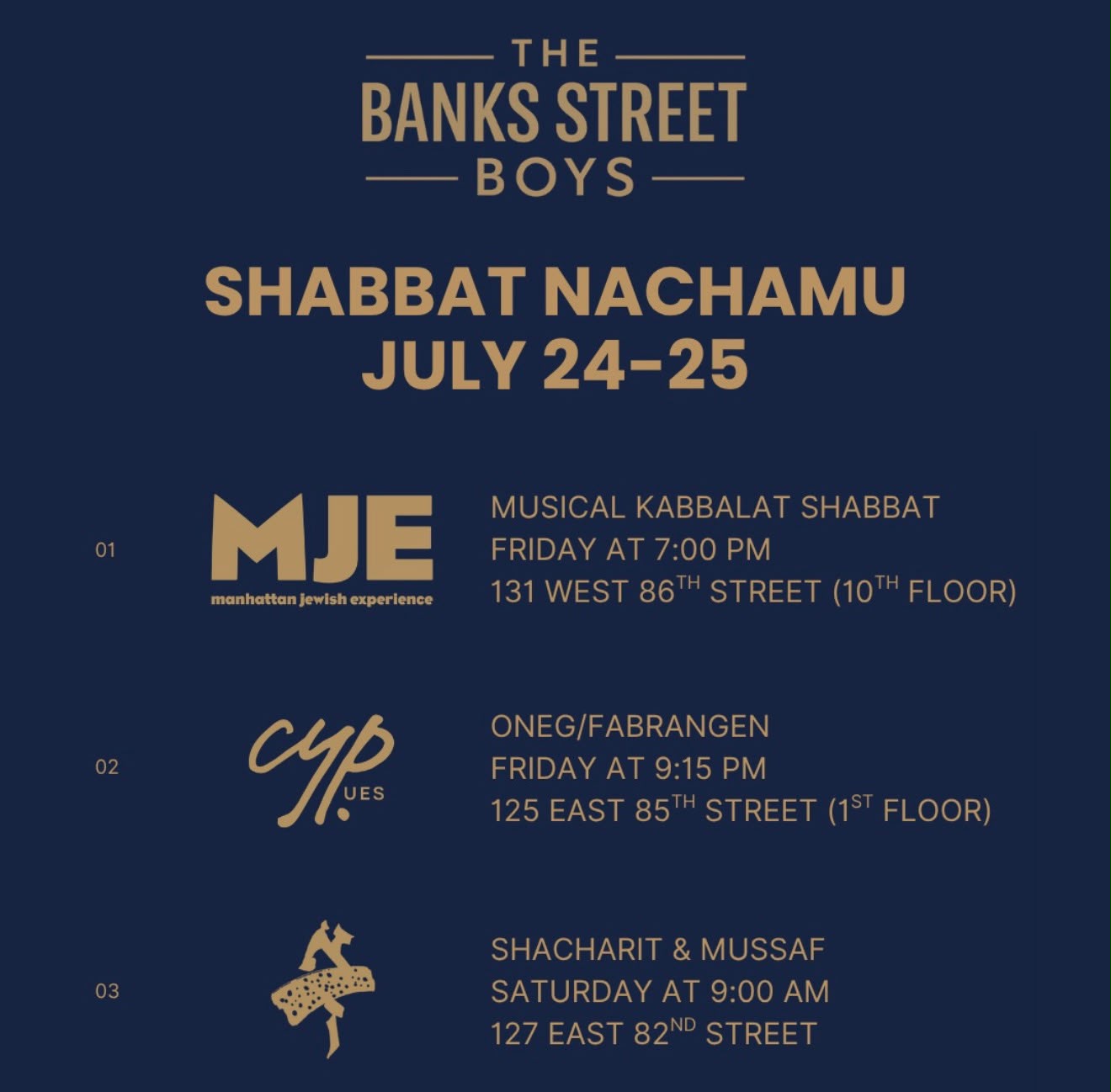 Banks Street Boys Shabbat Nachamu Events | YESODI
