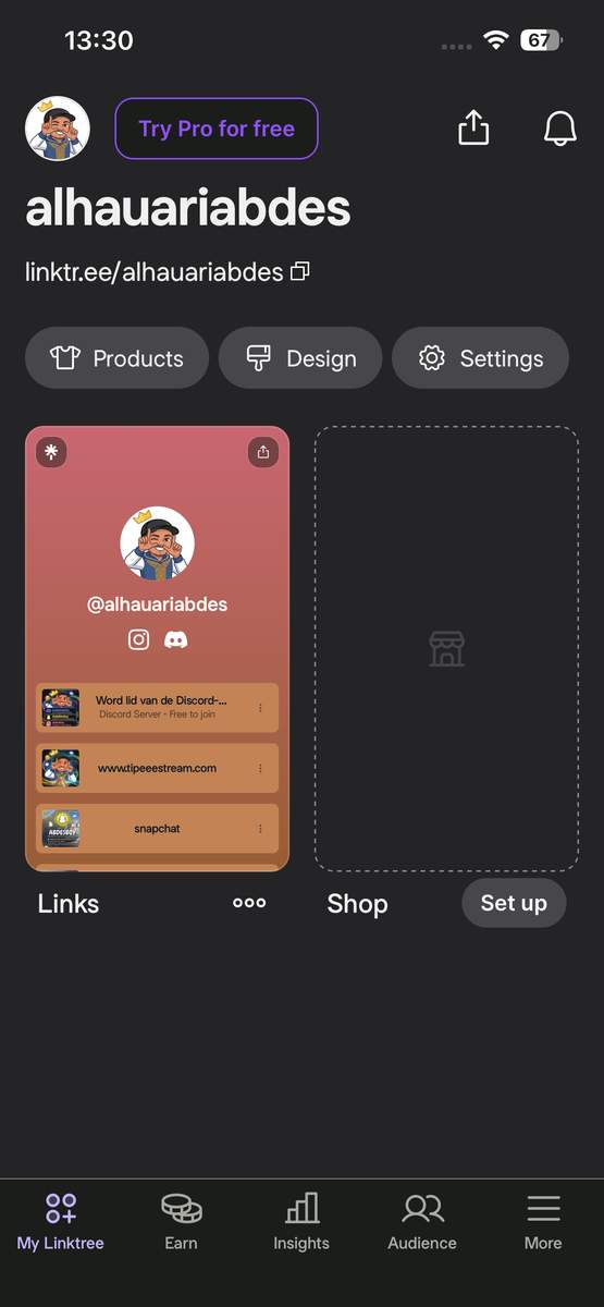 A creator profile page displaying design work, product listings, and clickable navigation links.