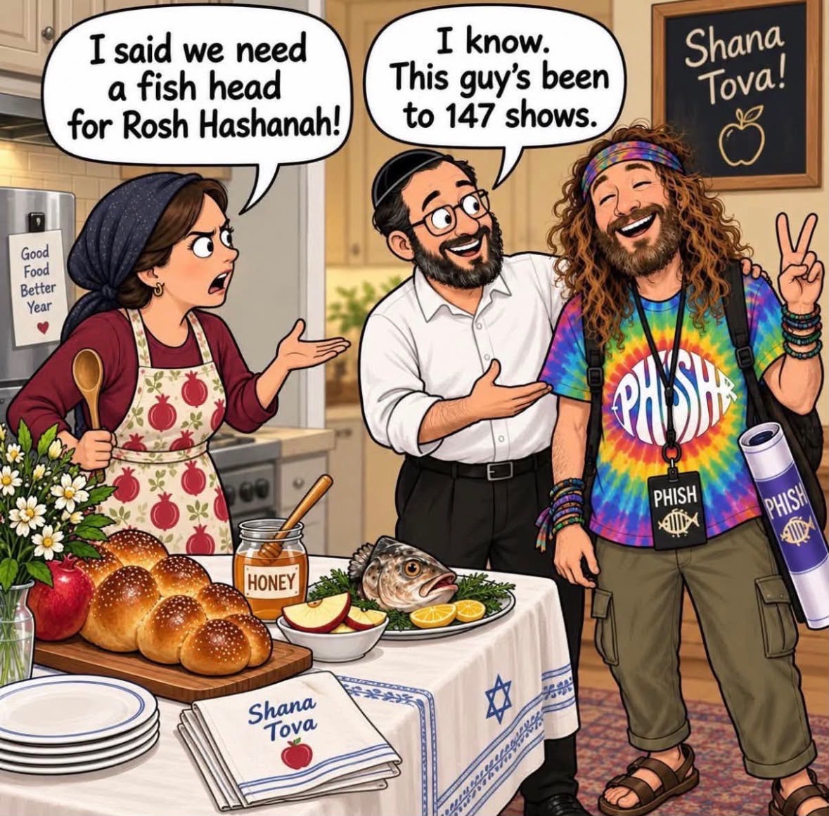 A humorous scene showing creative preparation materials and decorations for Rosh Hashanah celebrations.