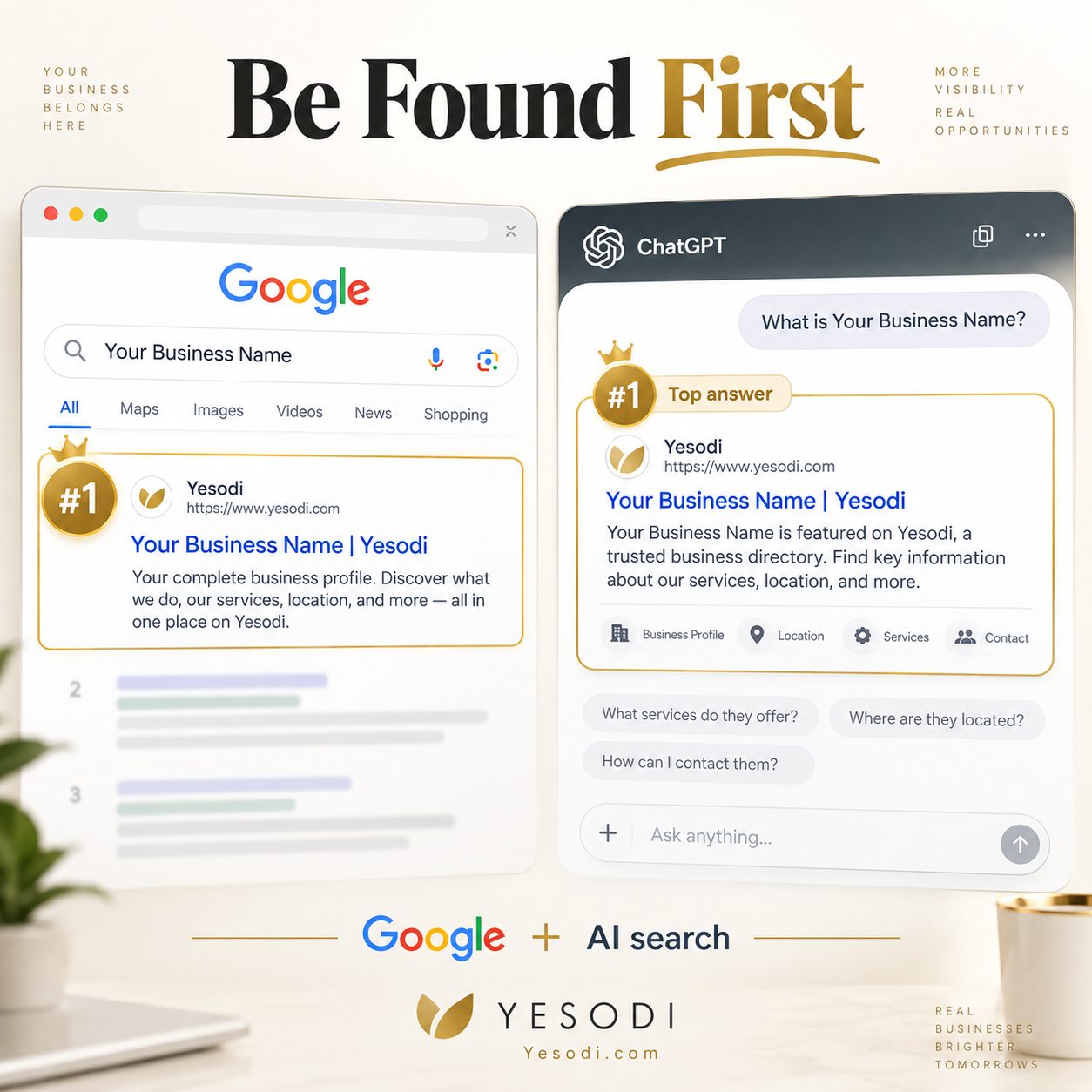 Be found on Google.
Be found by AI.
Get more customers. | YESODI