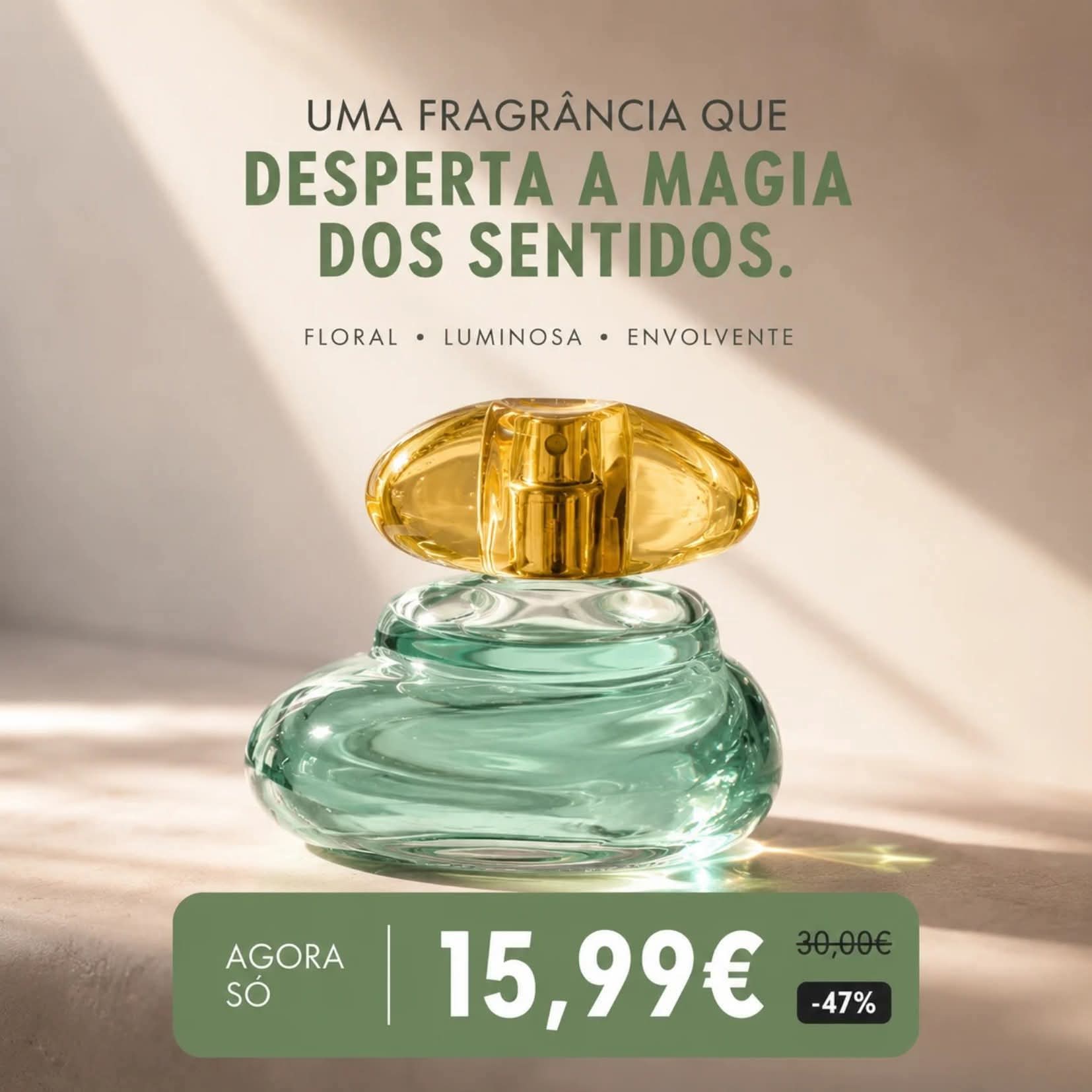 A bottle of perfume or fragrance product displayed with promotional text about a floral scent.