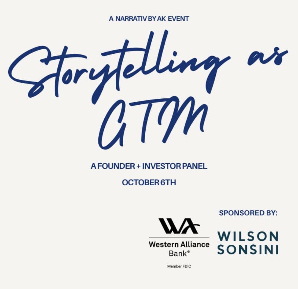 Promotional graphic for a founder and investor panel event on storytelling.