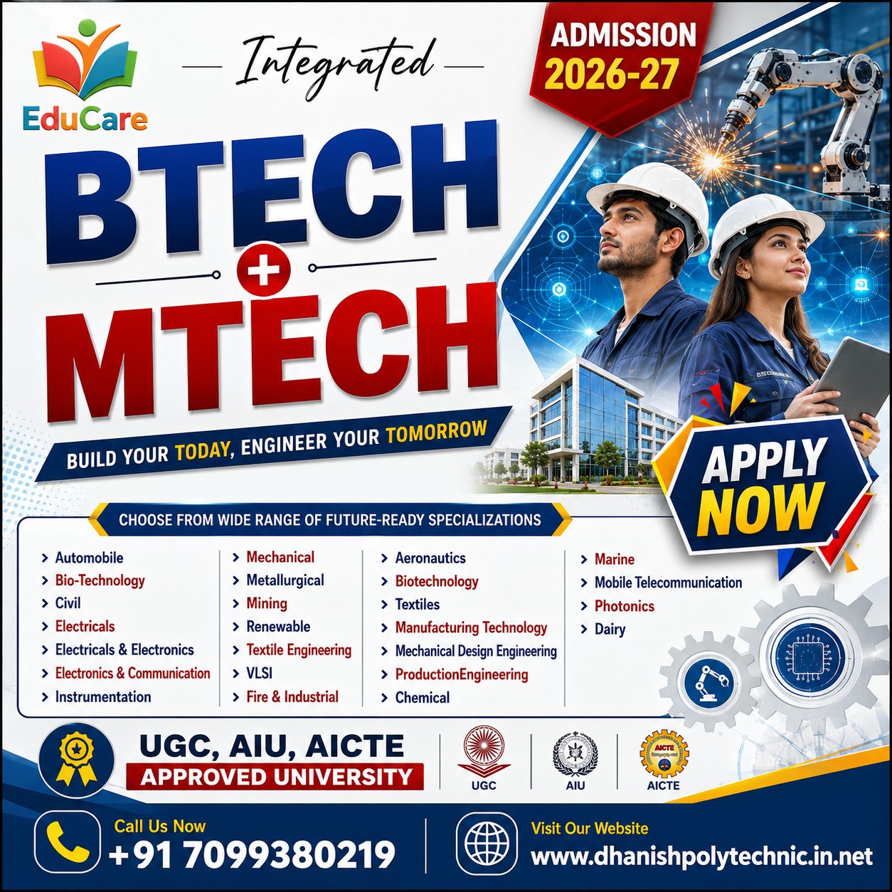 A promotional graphic advertising integrated B.Tech and M.Tech program applications for 2026 27.