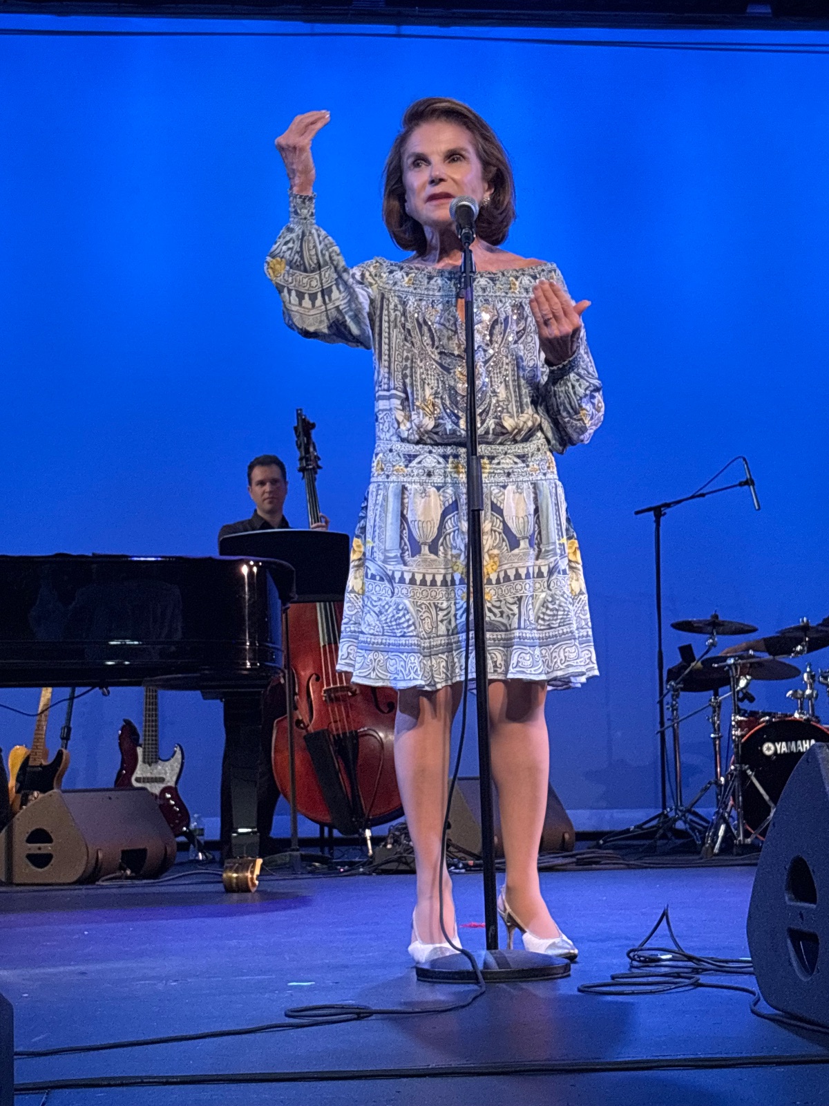 A performer in a beaded dress stands on stage with a raised fist, facing the audience.