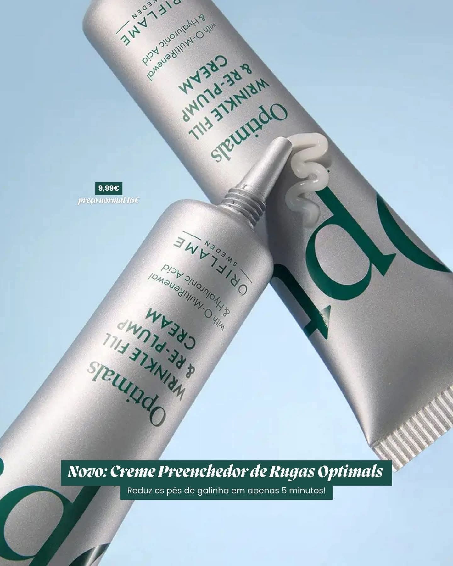 A cream product container labeled Cream Preenchedor de Rugas Optimals displayed against a neutral background.