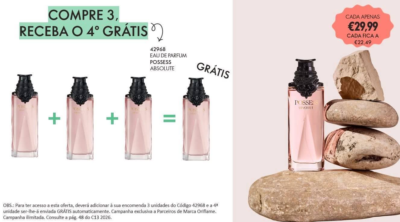 A fragrance bottle displayed with promotional text indicating a buy three get one free offer.