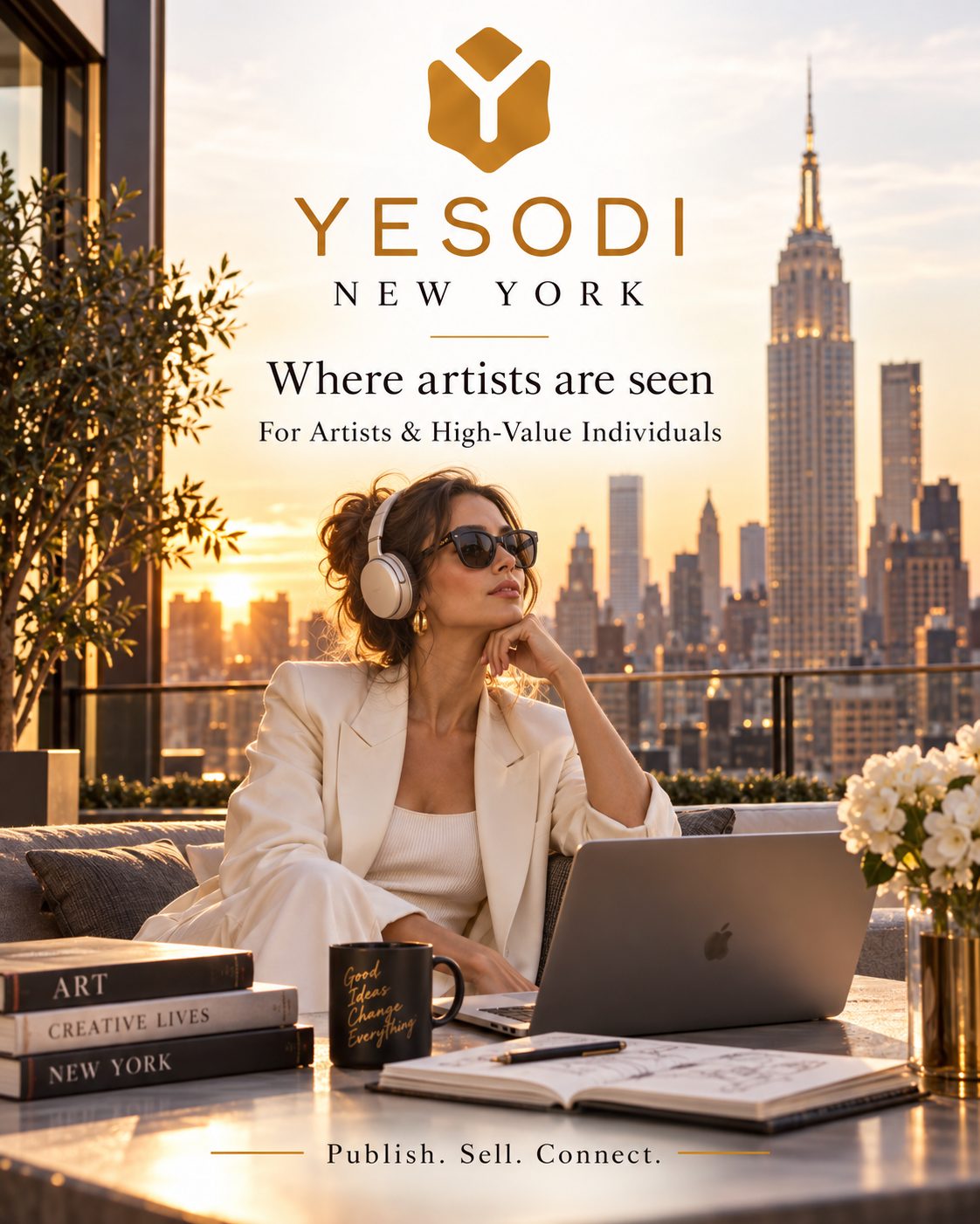 A promotional image for Yesodi New York featuring text about a platform for artists and creative professionals.