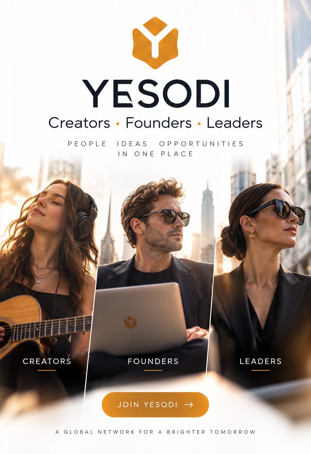 A graphic displaying YESODI's network platform connecting creators, founders, and leaders globally.