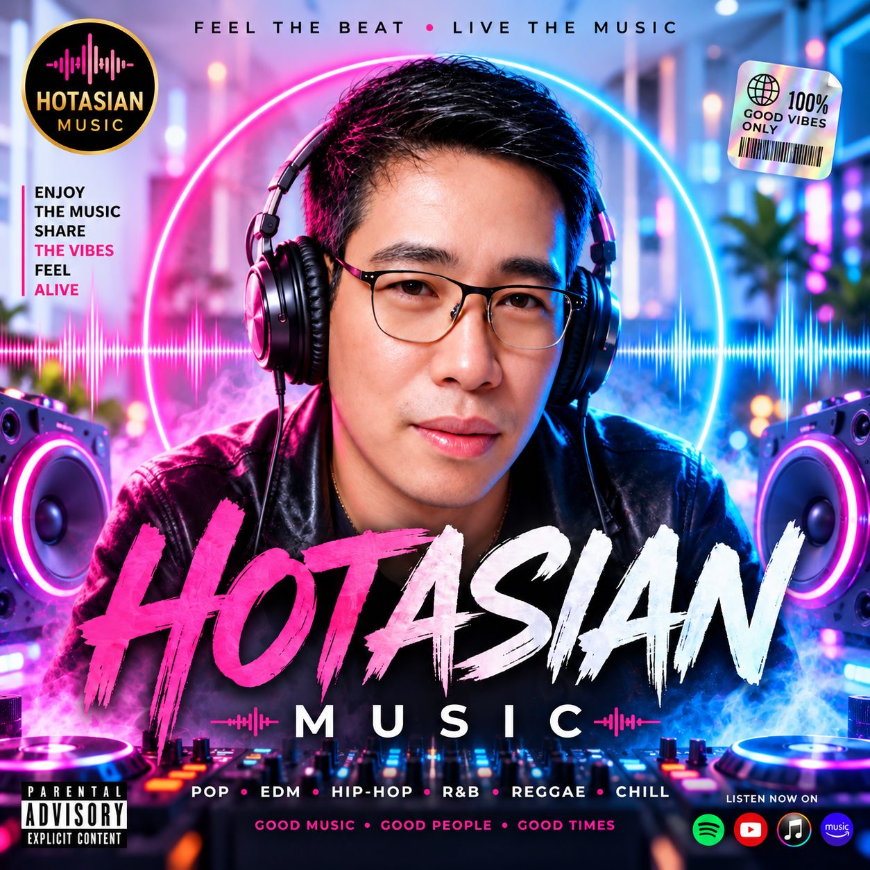 A colorful graphic or album cover featuring music genres and energetic visual elements representing pop, EDM, hip hop, R&B, r