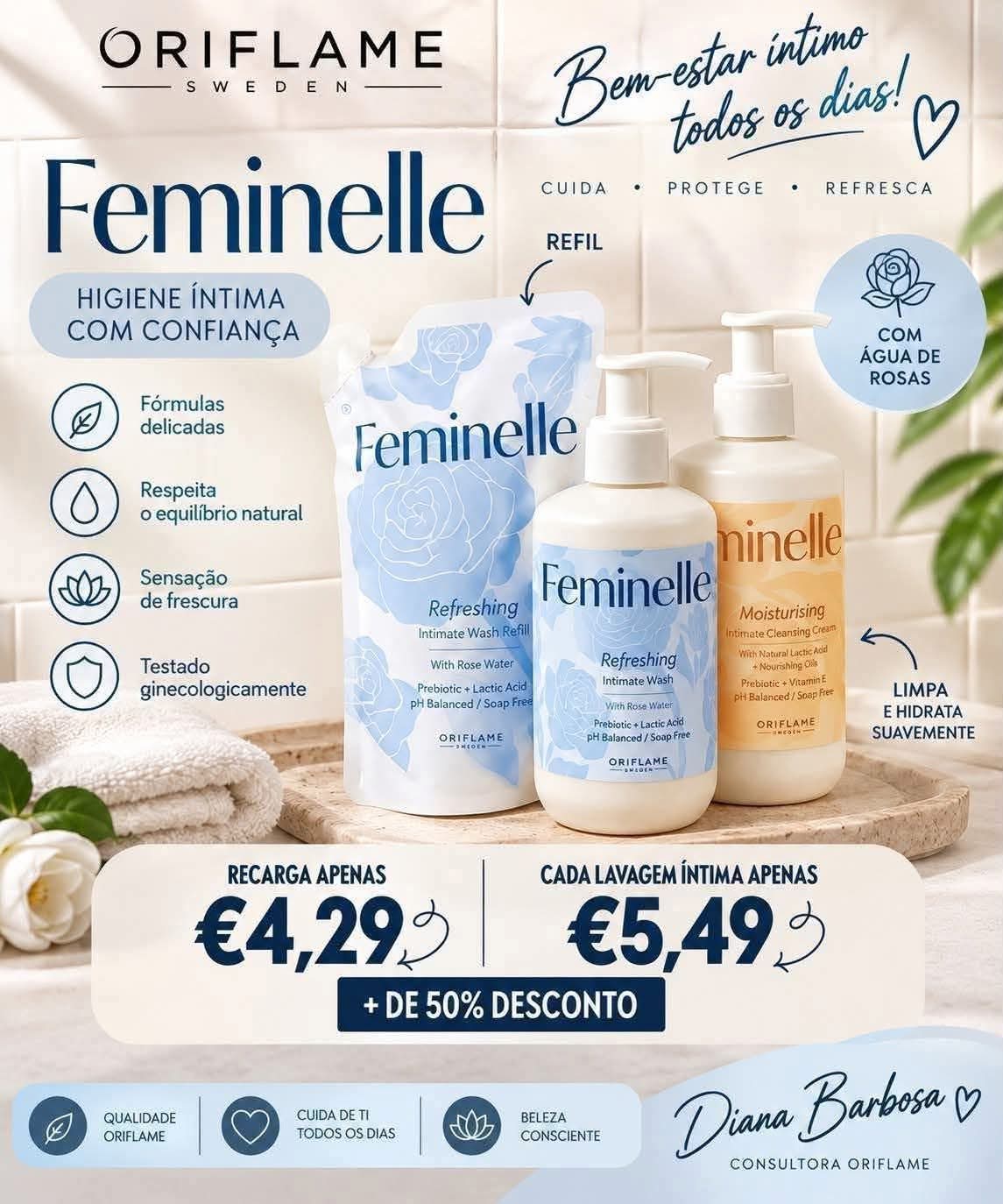 Product display of Feminelle intimate hygiene range showing bottles and packaging of natural formula cleansers.