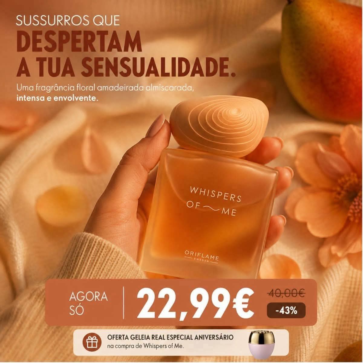 A bottle of Whispers of Me floral fragrance displayed with promotional text about a 43% discount offer.
