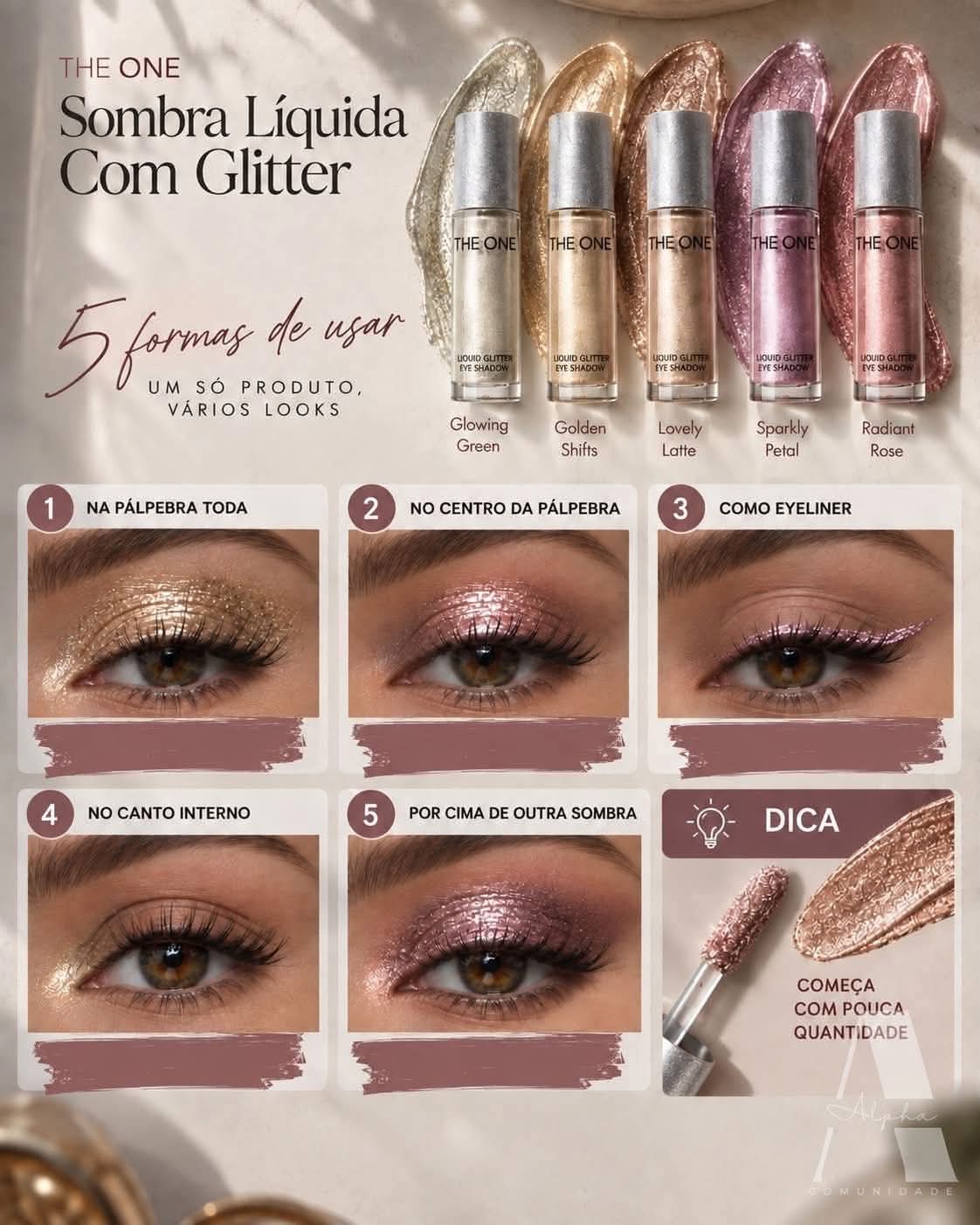 Five different eye makeup looks displaying glitter liquid eyeshadow in varying shimmer finishes and intensities.