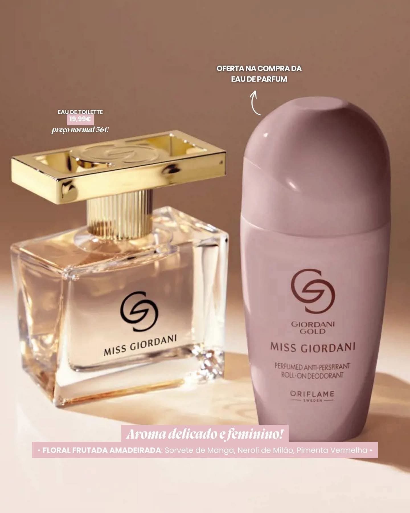 A product display showing Miss Giordani eau de parfum fragrance bottle with skincare items in an elegant arrangement.