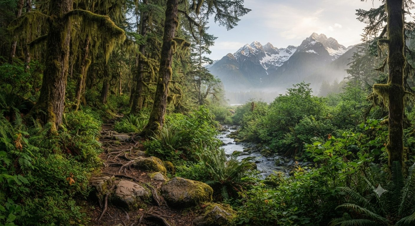 A mountain river flows through a forested valley with moss covered trees and alpine peaks in the background.