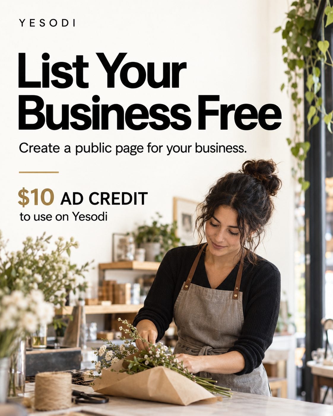A promotional image for Yesodi offering free business listing and ad credit.