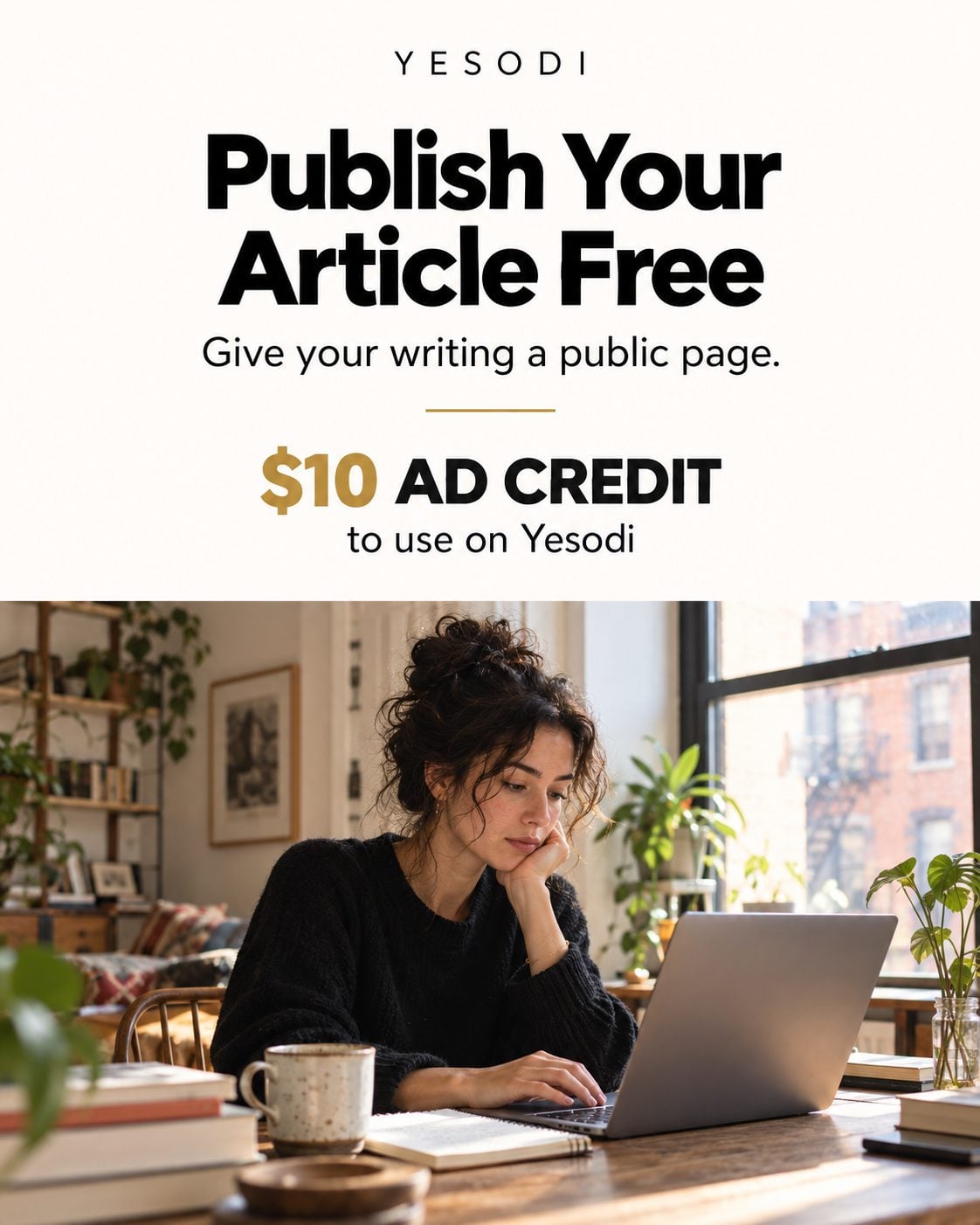 A screenshot of the Yesodi website homepage showcasing article publishing and ad credit offers.