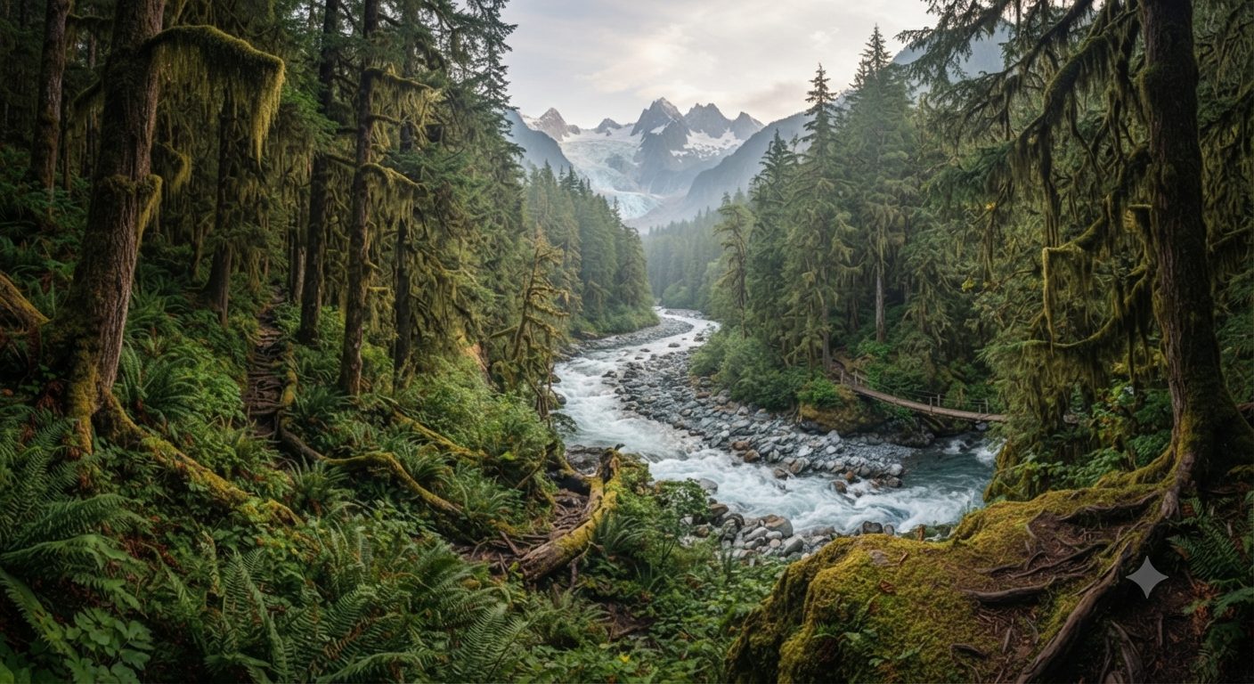 A river winds through a moss covered forest with snow capped mountains visible in the distance.