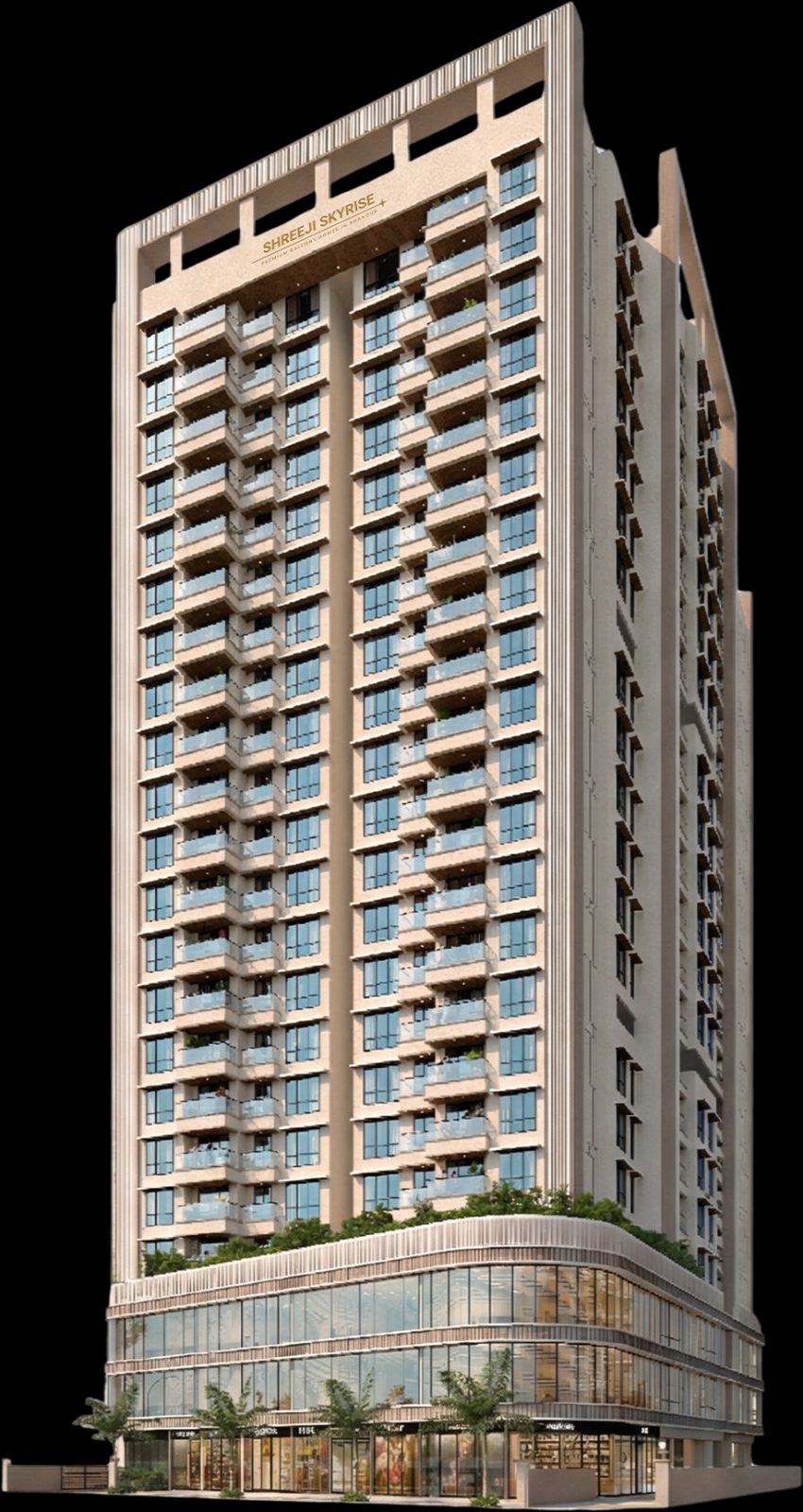 A modern high rise residential building with brick and glass exterior surfaces and ground level retail spaces.