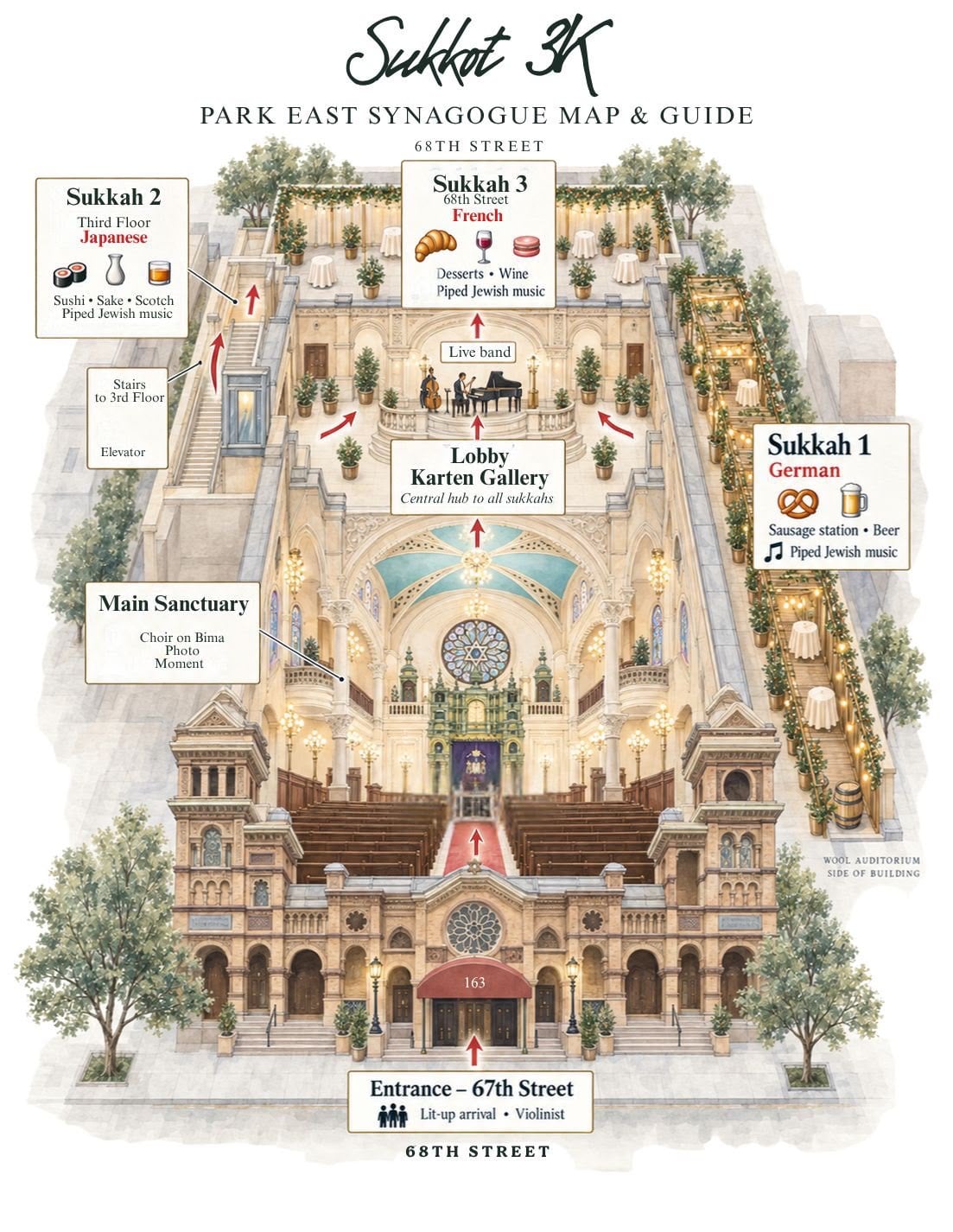 Architectural floor plan of Park East Synagogue showing sanctuary, sukkah areas, and visitor amenities layout.