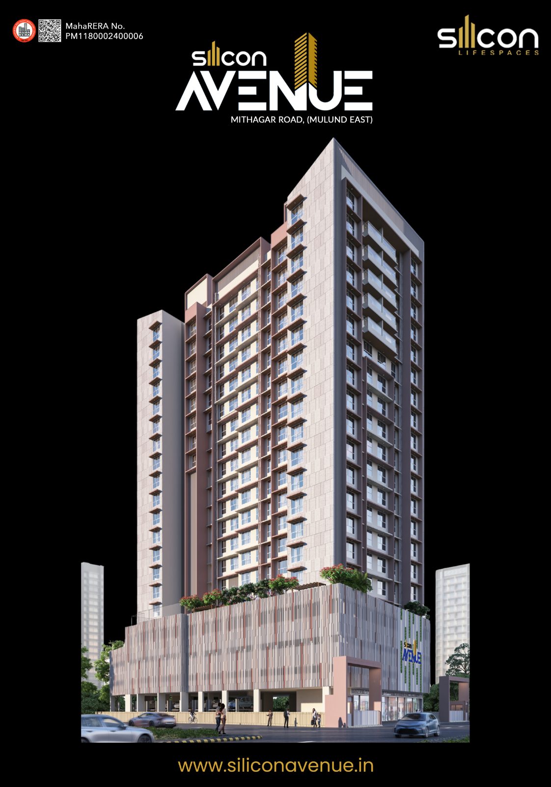 A tall modern residential tower with glass and metal facade stands in an urban setting with ground level retail spaces.