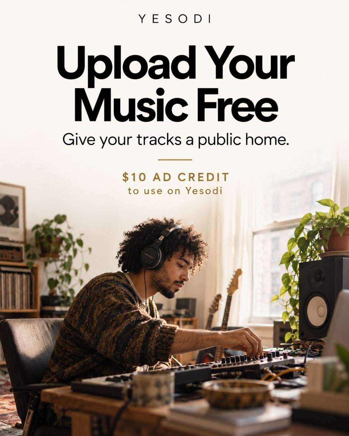 A screenshot of a website offering free music uploads with ad credits for artists.