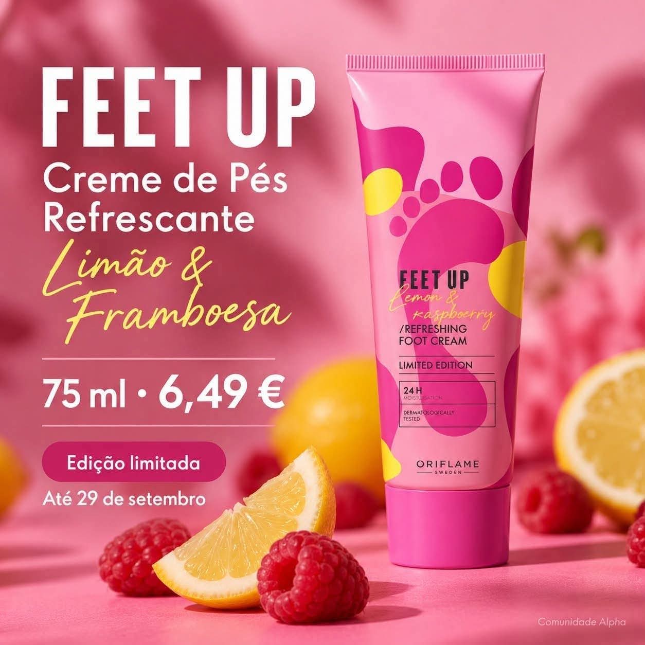 A bottle of Feet Up Refreshing Foot Cream in lemon and raspberry scent displayed against a plain background.