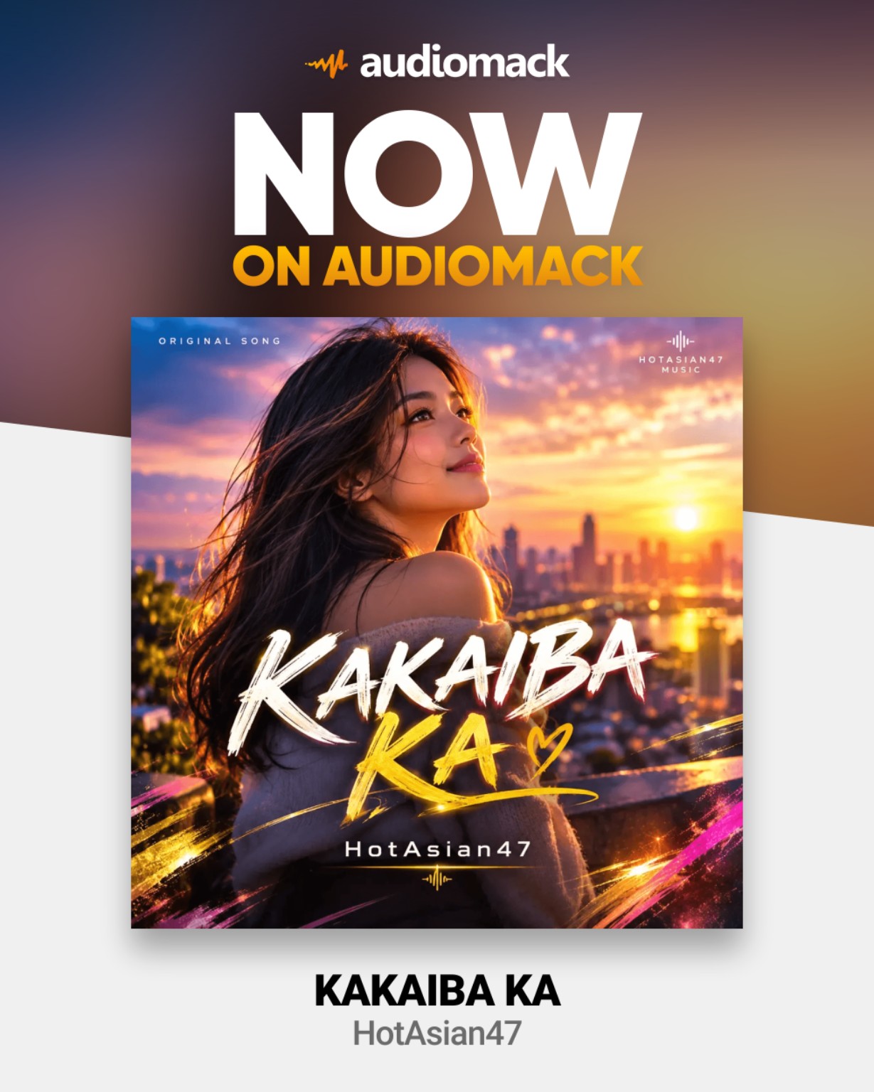 A digital music player or streaming interface displaying an audio track titled Kakaiba Ka by HotAsian47 on Audiomack.