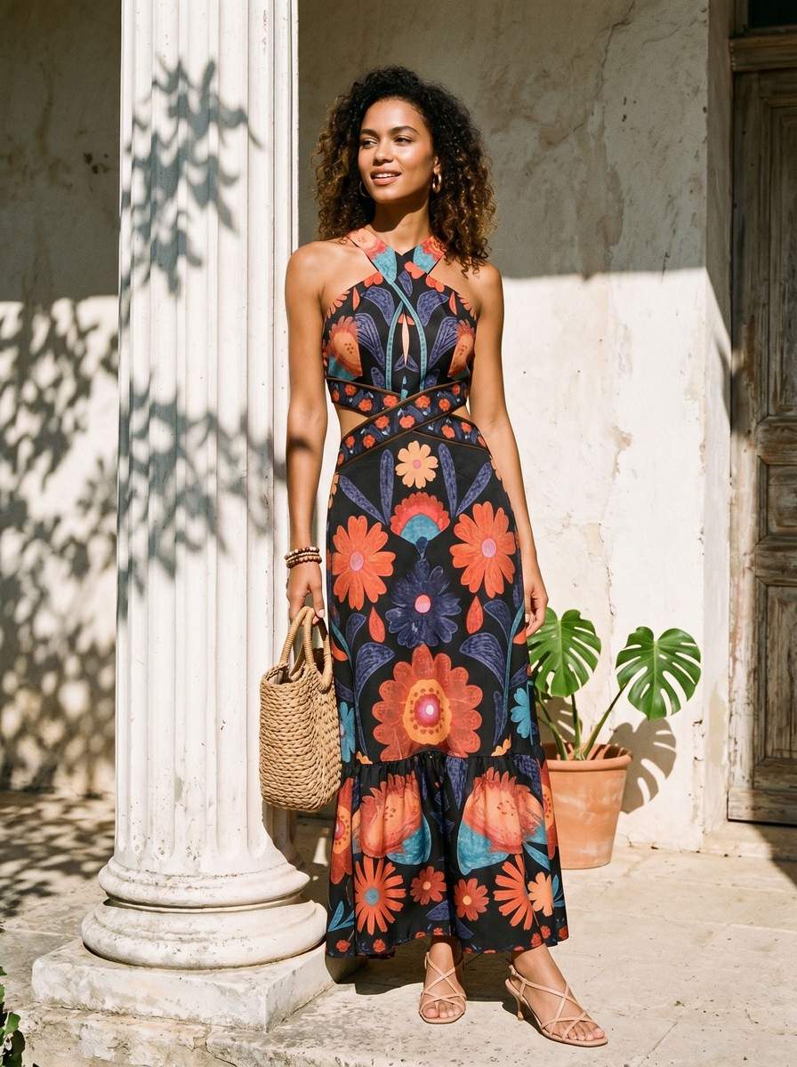 Floral Cutout Halter Maxi Dress · Floral cutout halter maxi… | Donald Dias on YESODI