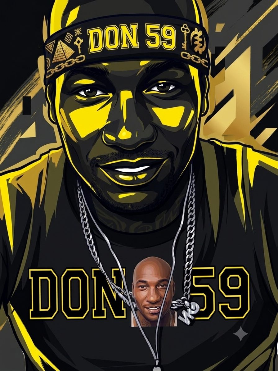 A graphic design featuring bold yellow and black styling with the text DON 59 representing a personal brand identity.