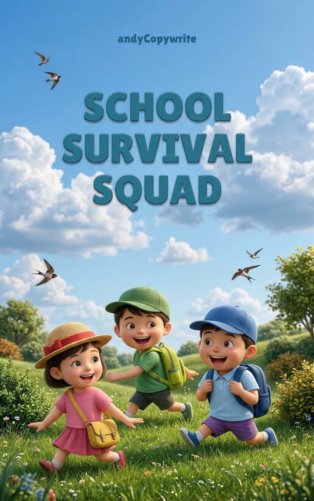 A group of young children wearing colorful outfits playing together outdoors in a sunny meadow.